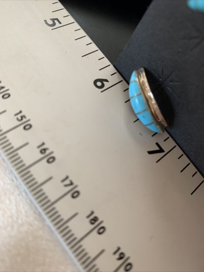 Southwestern Zuni Blue Turquoise Sterling Silver Inlay Hoop Earrings 0.75" 13023