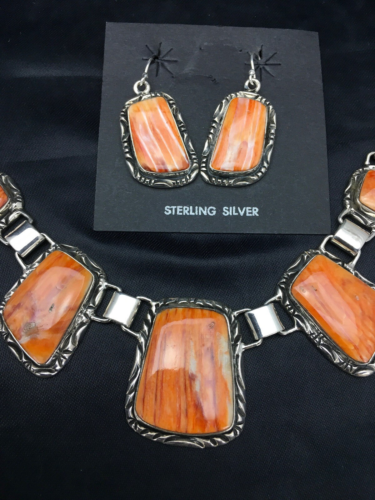 Orange Spiny Oyster Navajo Sterling Silver Necklace & Earring Set 02691