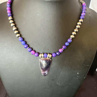 Purple Stone Pendant Navajo Pearls Sterling Silver Necklace 22” 18294