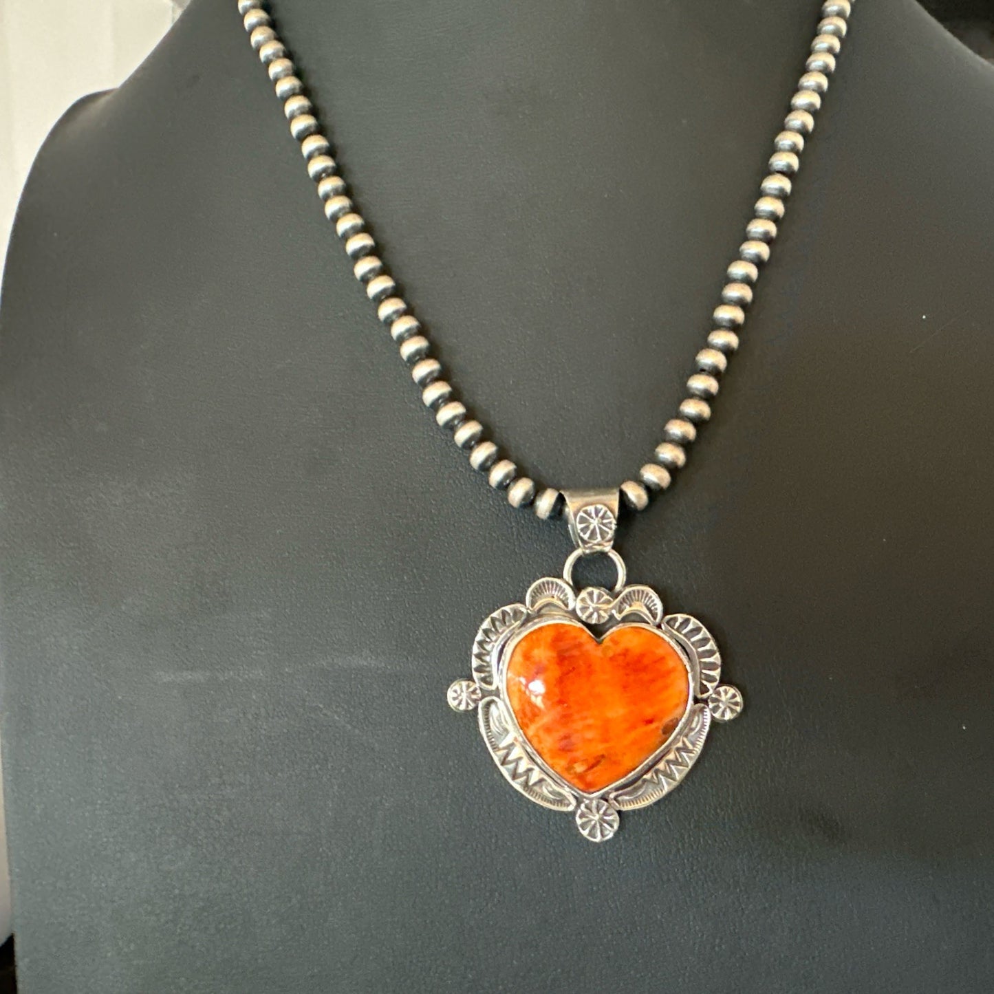 H Joe Orange Spiny Oyster Heart Pendant Navajo Sterling Silver Necklace 19482
