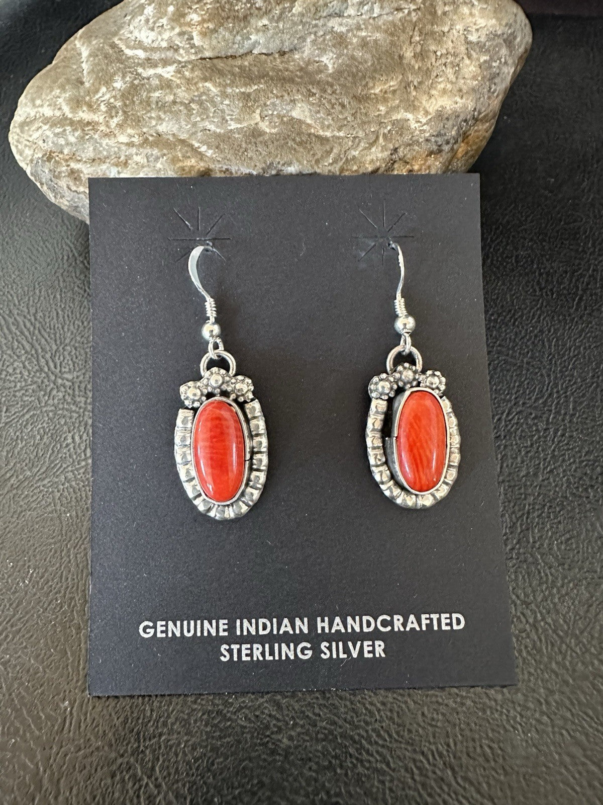 Handmade Red Coral Sterling Silver Navajo Dangle Earrings Yazzie 19534