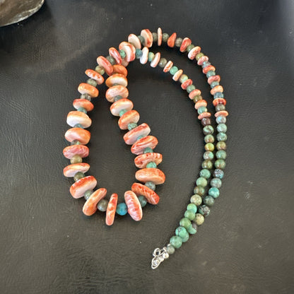 Red Spiny Oyster Green Turquoise 23” Long Navajo Sterling Silver Necklace 17762