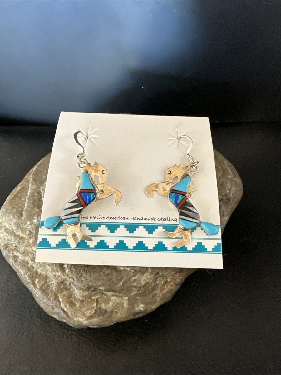 Blue Turquoise Coral Horse Inlay Navajo Sterling Silver Earrings 19827