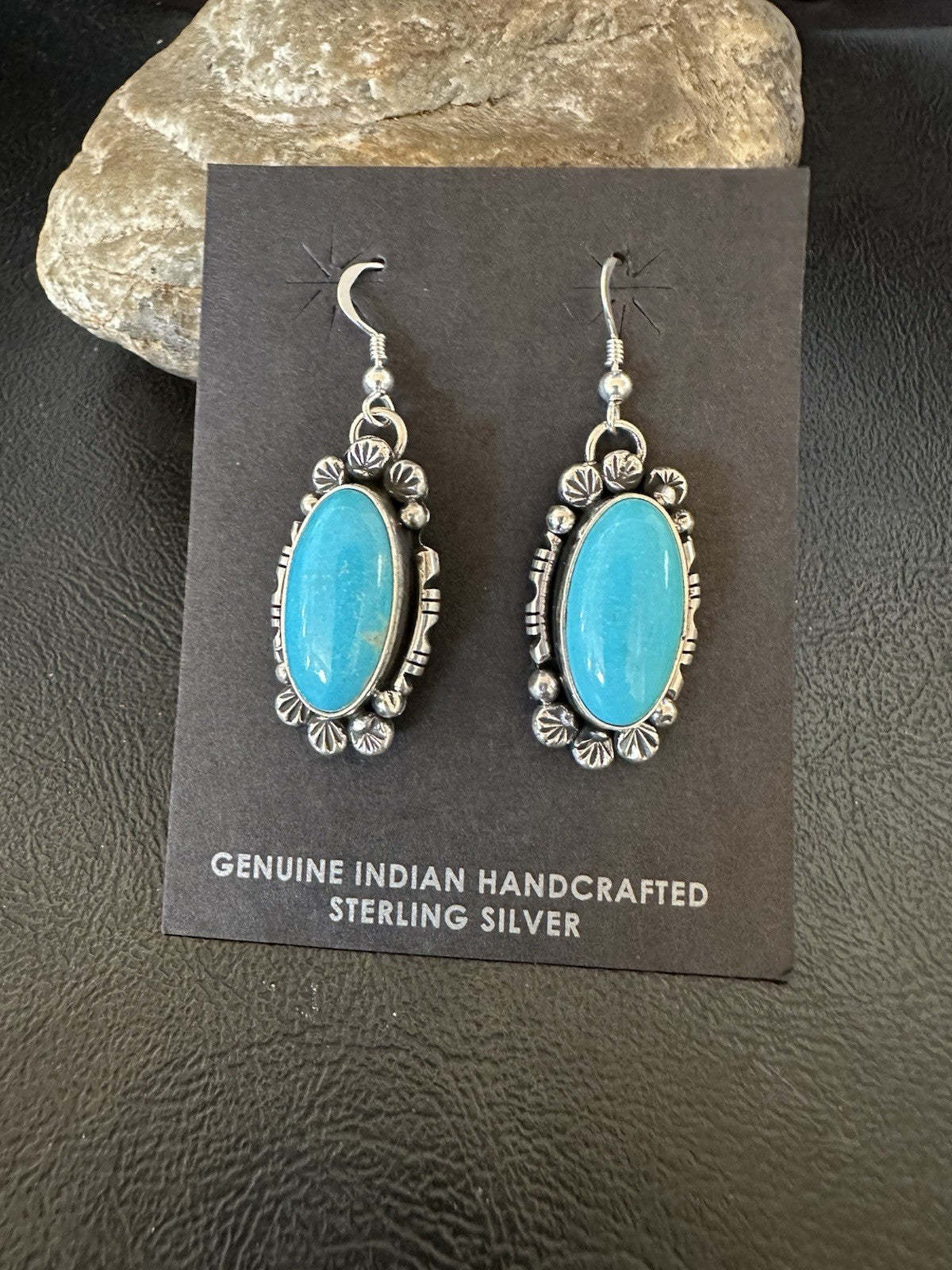 Handmade Blue Turquoise Sterling Silver Navajo Dangle Earrings Yazzie 19536