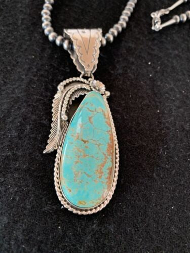 Men's Turquoise#8 Pendant | Navajo Pearls Sterling Silver Necklace 19721