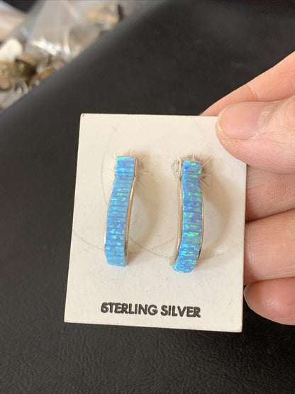 Blue Opal Inlay Navajo Sterling Silver Hoop Earrings 1" 1718