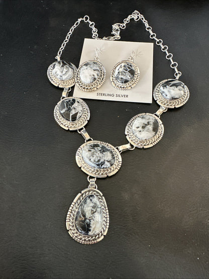 Women White Buffalo Turquoise Necklace Earrings Sterling Silver 19” 18605