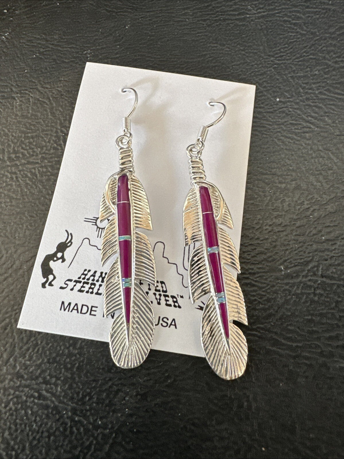 Purple Sugilite Opal Sterling Silver Handmade Inlay Feather Earrings 18694