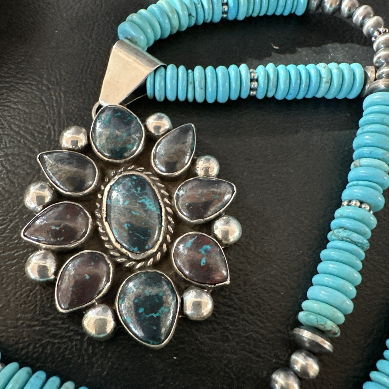 Blue Turquoise Navajo Sterling Silver Cluster Round Pendant Necklace 2”19660