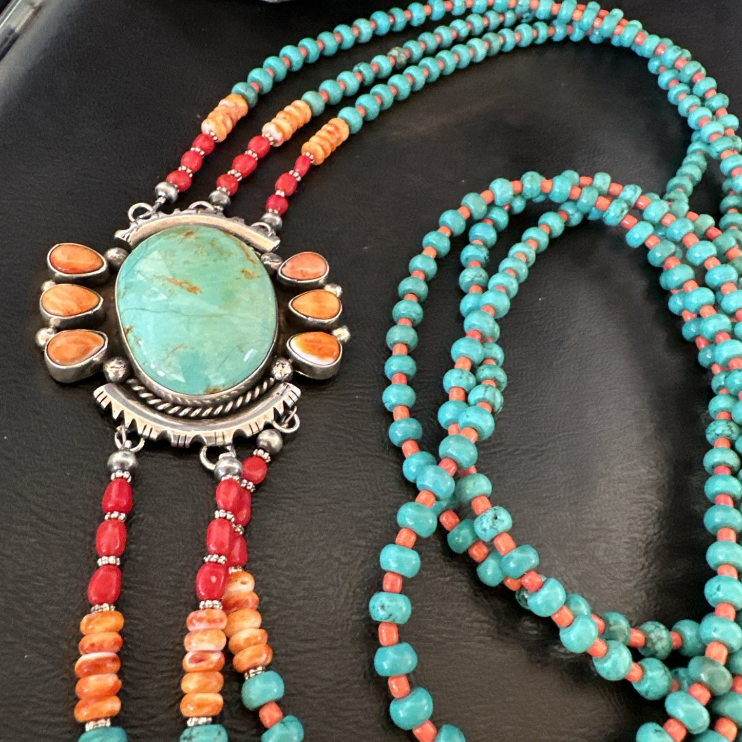 XL Statement Green Turquoise Spiny Navajo 3S Sterling Silver Necklace 34” 19675