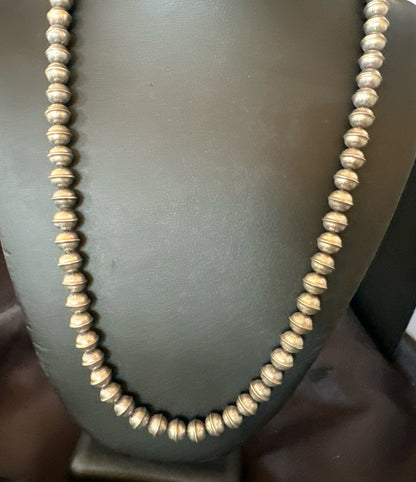 8mm Hand Stamped Bench Navajo Pearls Sterling Silver Bead Necklace 23" 18406