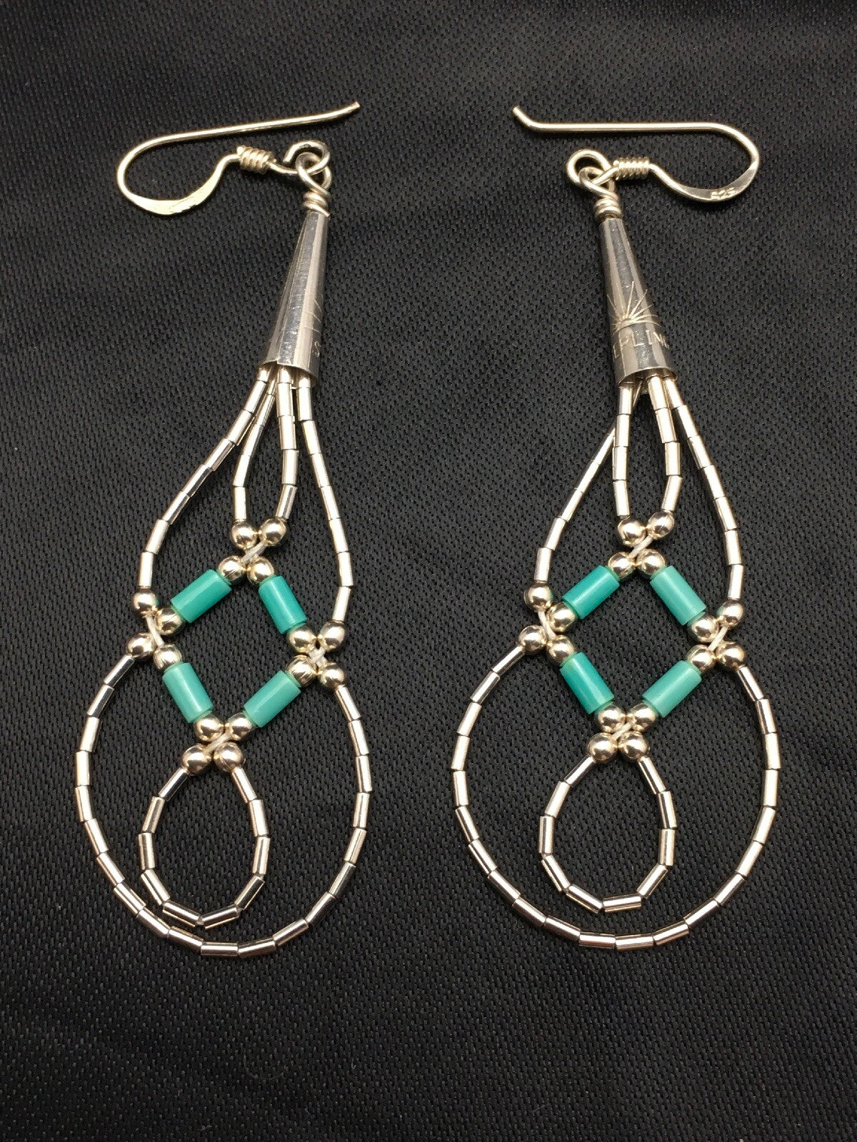 Blue Turquoise Tube Heishi Dangle Liquid Sterling Silver Earrings 2" 03100