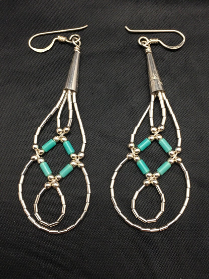 Blue Turquoise Tube Heishi Dangle Liquid Sterling Silver Earrings 2" 03100