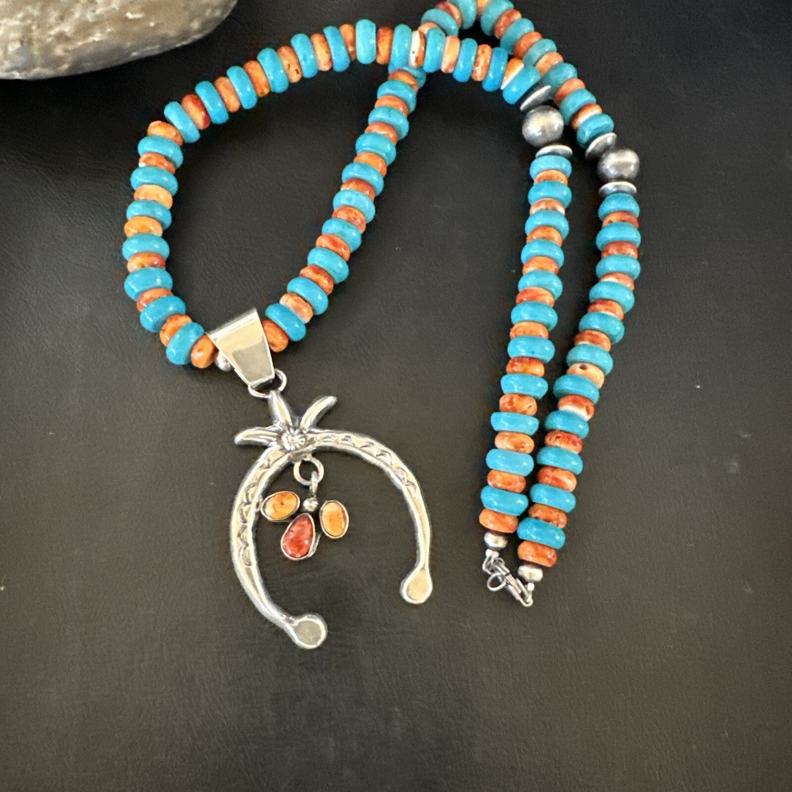 Mens Blue Turquoise Spiny Naja Pendant Navajo Sterling Silver Necklace 23" 17691