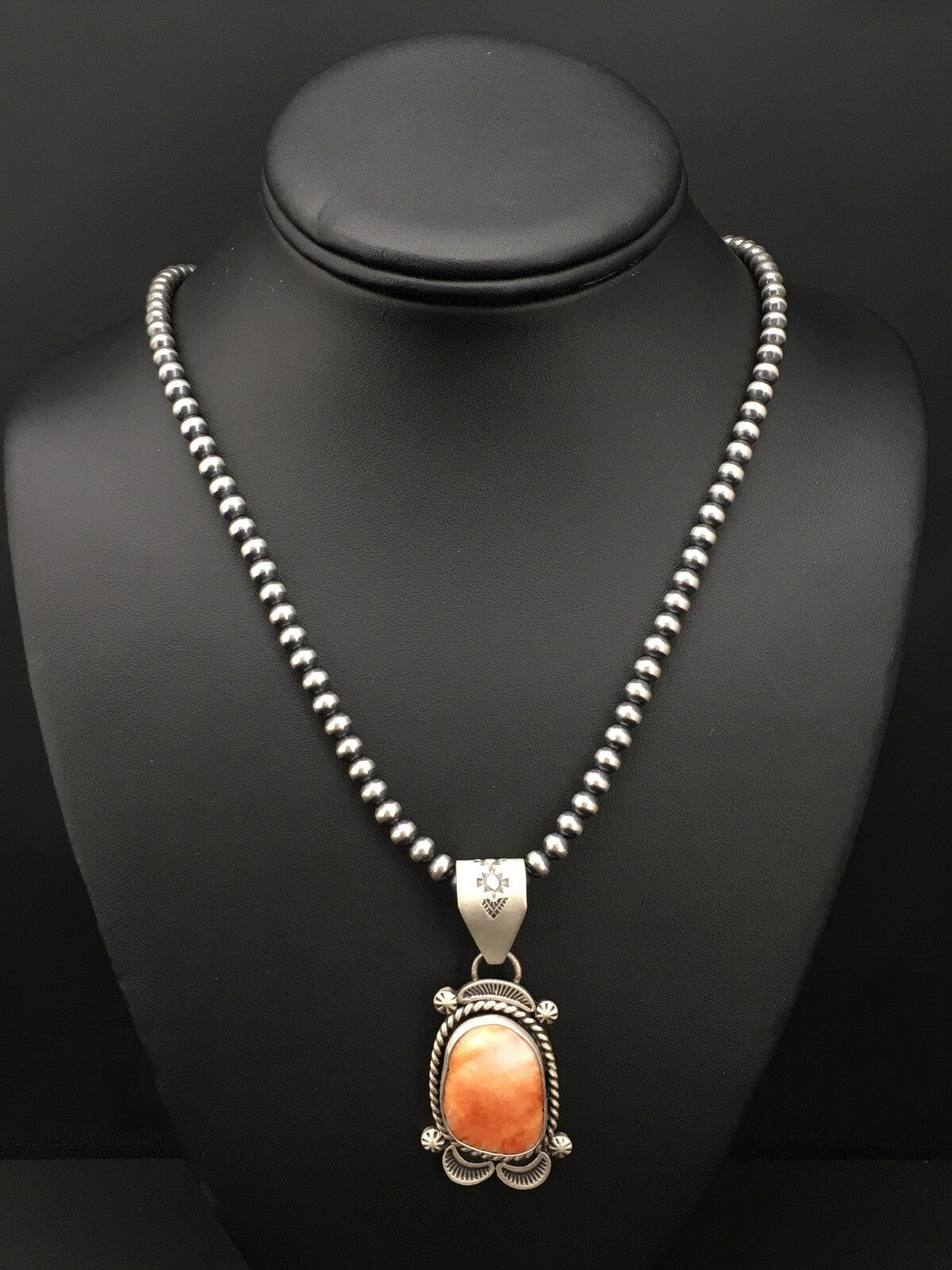 Native Orange Spiny Oyster Pendant Navajo Sterling Silver Necklace 04907