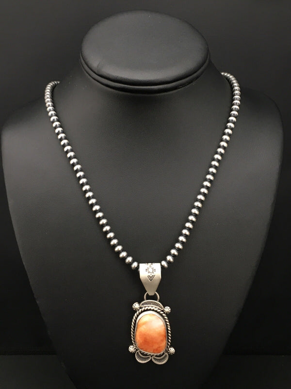 Orange Spiny Oyster Pendant Navajo Necklace | Sterling Silver | Authentic Native American Handmade | 04907