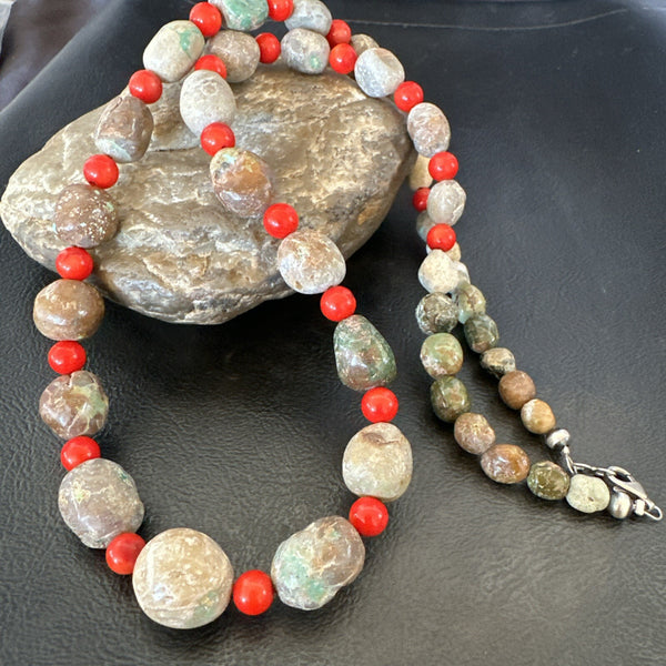 Rustic Turquoise Red Coral Navajo Pearls Necklace 24" | Sterling Silver | Authentic Native American Handmade | 18320