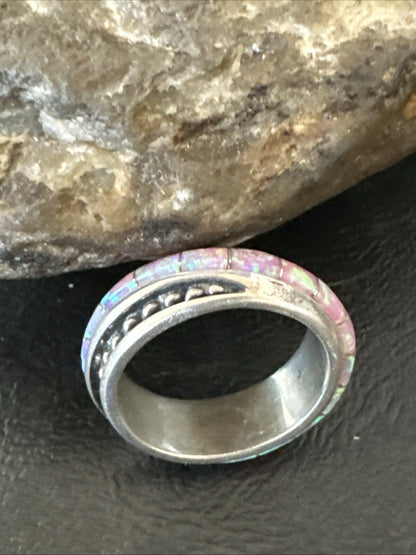 Pink Opal Navajo Sterling Silver Band Inlay Ring Size 9 18784