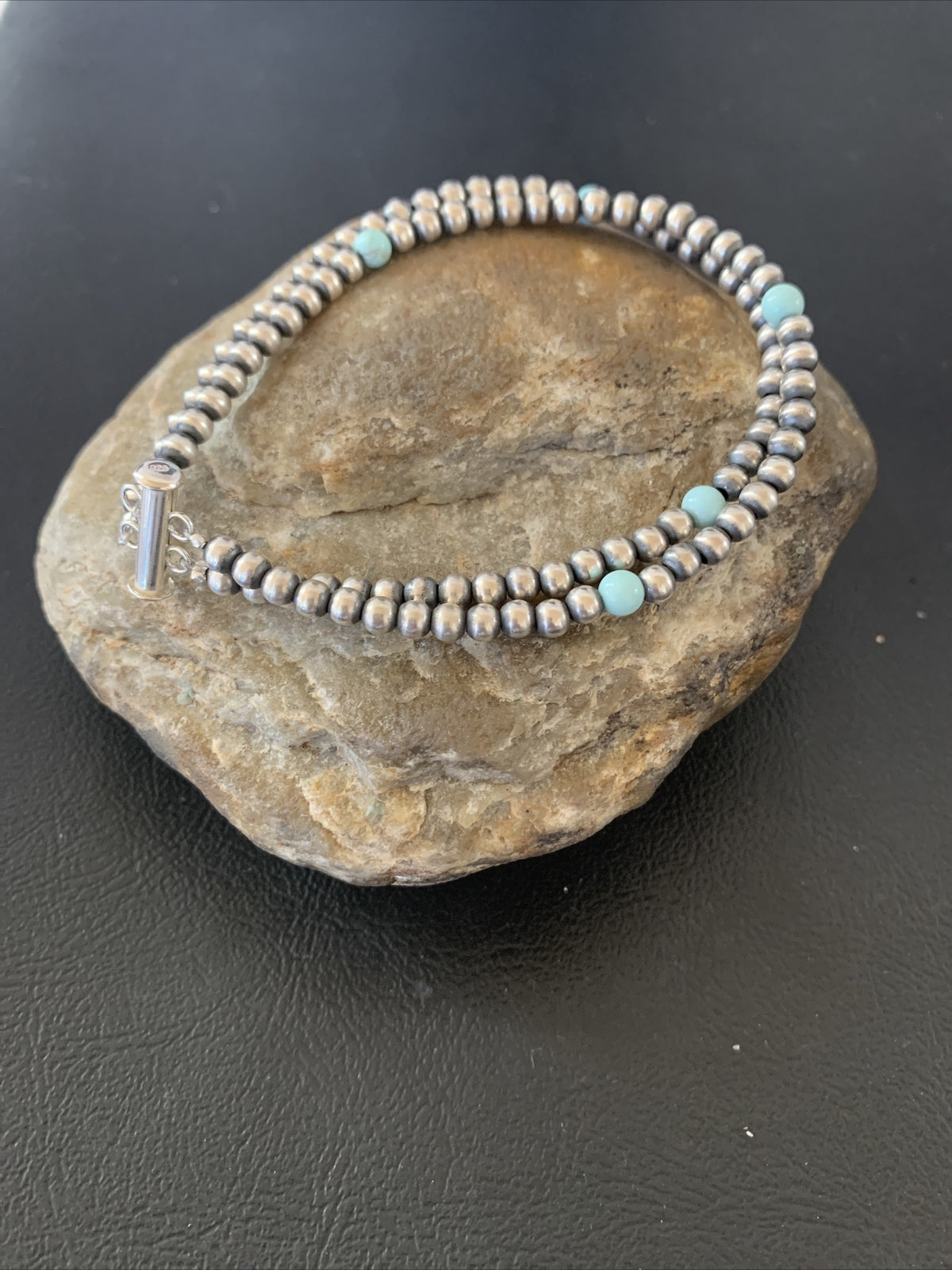 Navajo Sterling Silver Beads Blue Turquoise Bracelet 2 Strand 10083