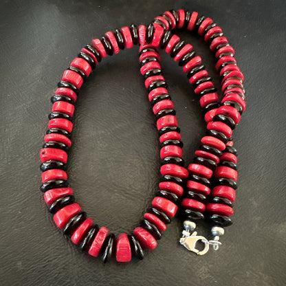 Mens Womens Red Coral Black Onyx  Navajo Sterling Silver Necklace 10mm 17869