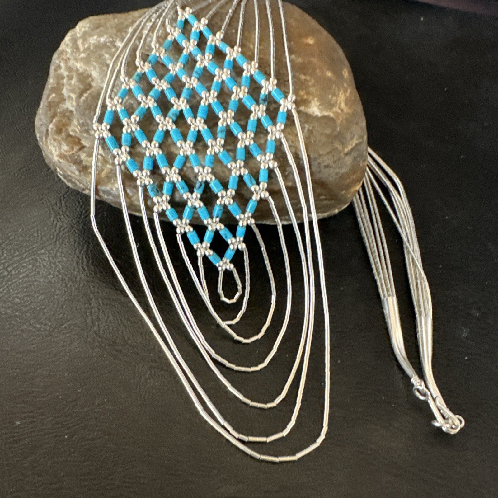 Turquoise Heishi Tubes Pendant 7 Strand Liquid Sterling Silver Necklace 19748