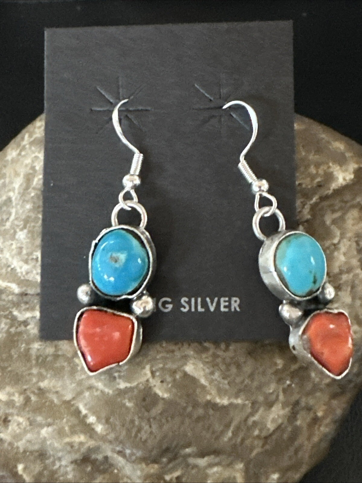 Blue Turquoise Red Coral Sterling Silver Navajo Dangle Earrings 18843