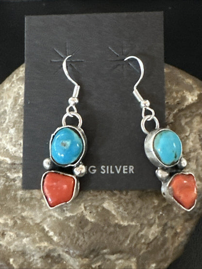 Blue Turquoise Red Coral Sterling Silver Navajo Dangle Earrings 18843