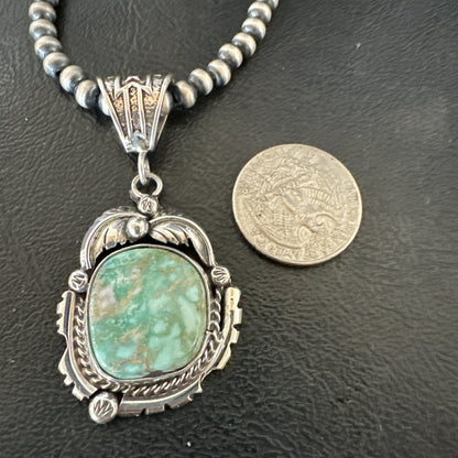 WoMens Navajo Sterling Silver  Green Royston Turquoise Necklace Pendant 19365