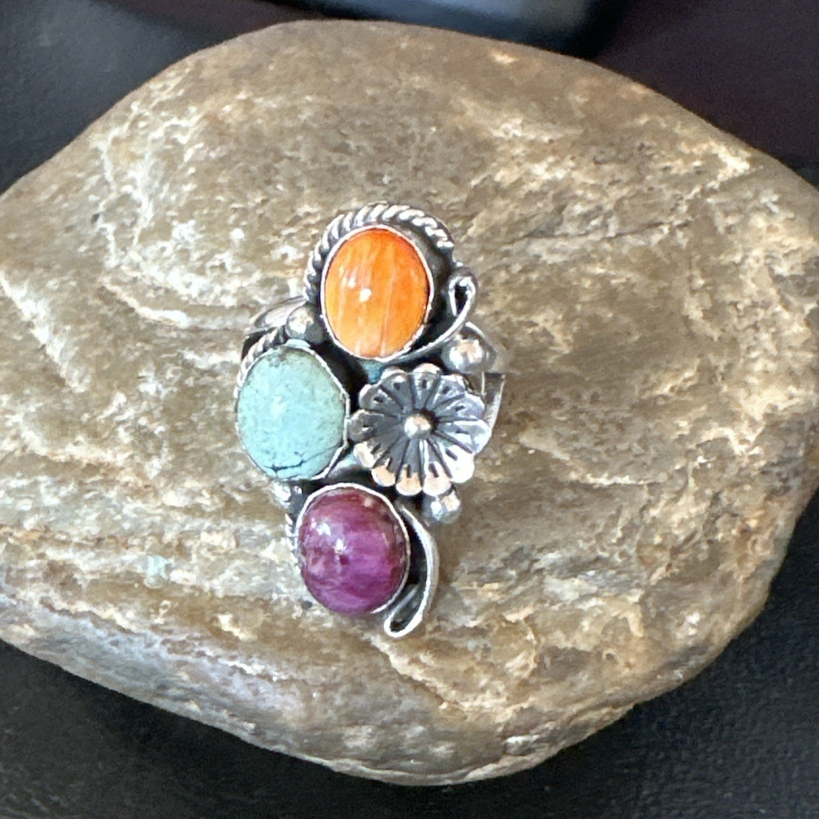 Multicolor Ring Turquoise Spiny Navajo Sterling Silver Cluster Size 8 19170