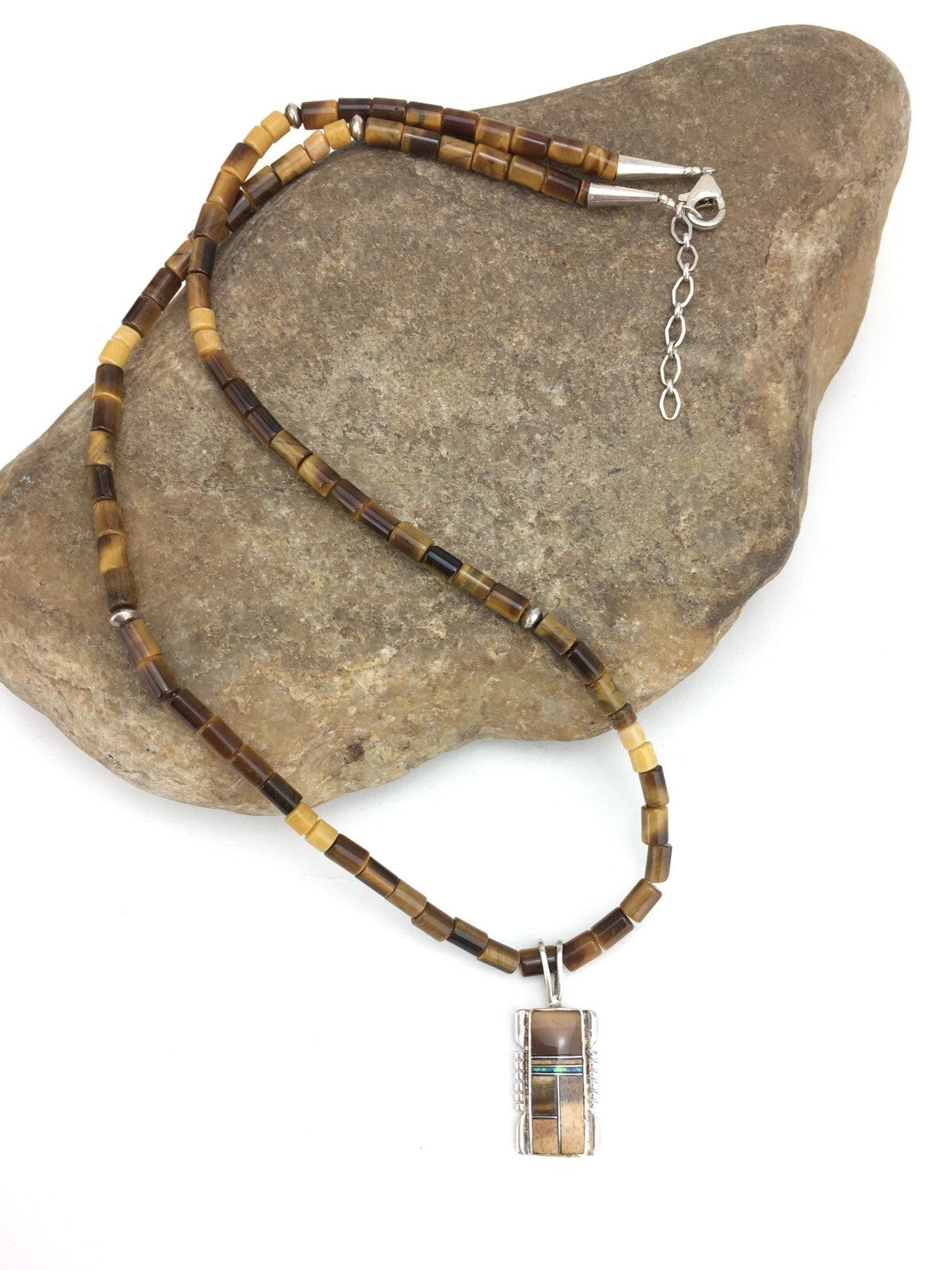 Native Tiger's Eye Inlay Pendant Navajo Sterling Silver 21" Necklace 4895