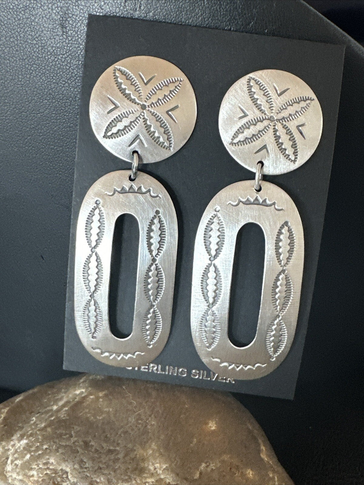 Popular Navajo Stamped Sterling Silver Stamped Handmade Earrings 2.75" 17857