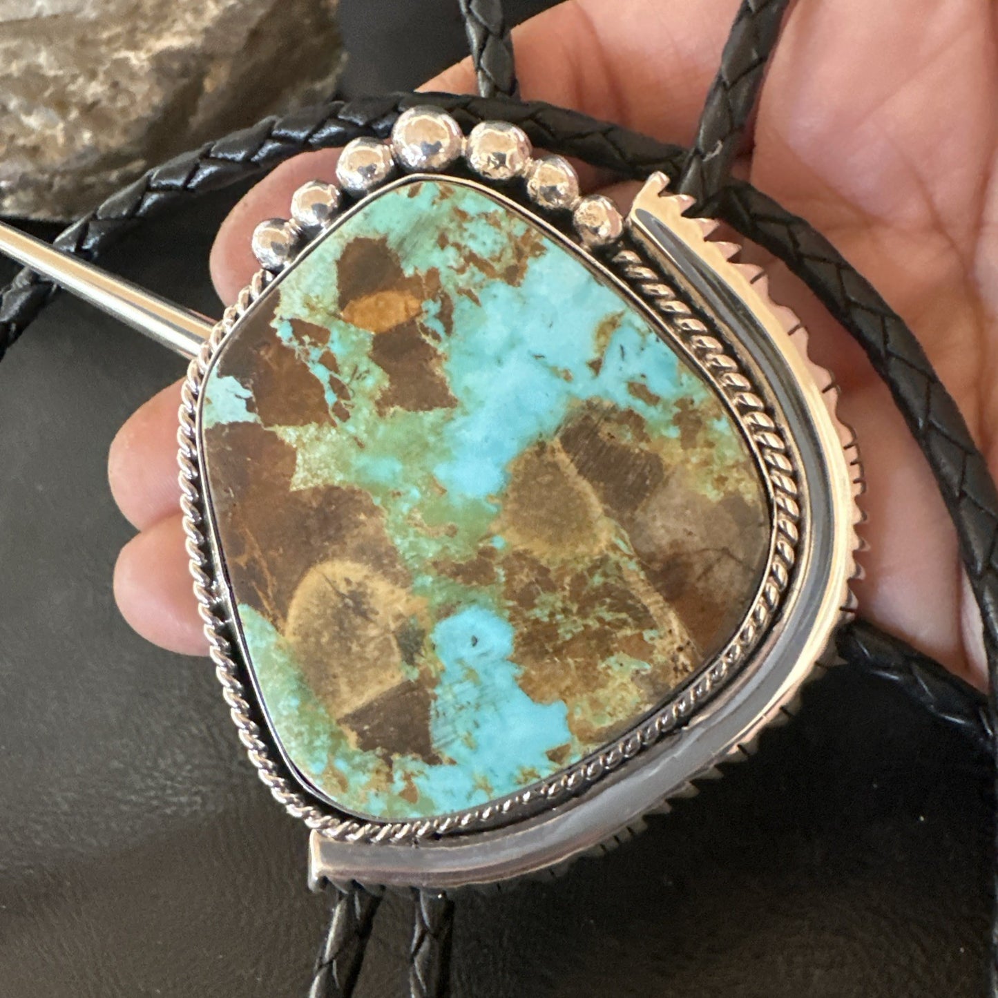 Native Mens Blue Green Royston Turquoise Bolo Tie Sterling Silver Navajo 19752