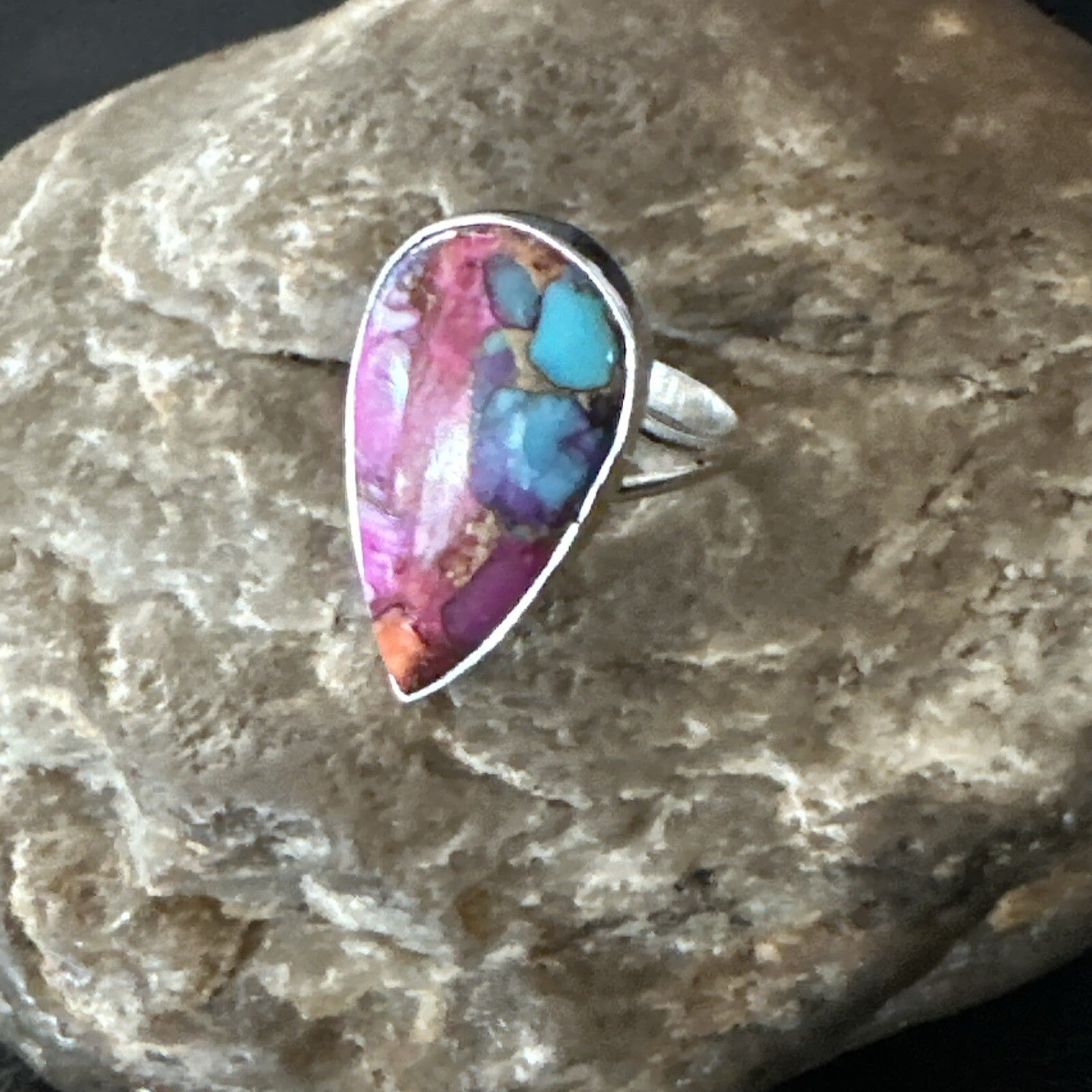 Blue Turquoise Spiny Oyster Southwestern Sterling Silver Ring Size 7 18423