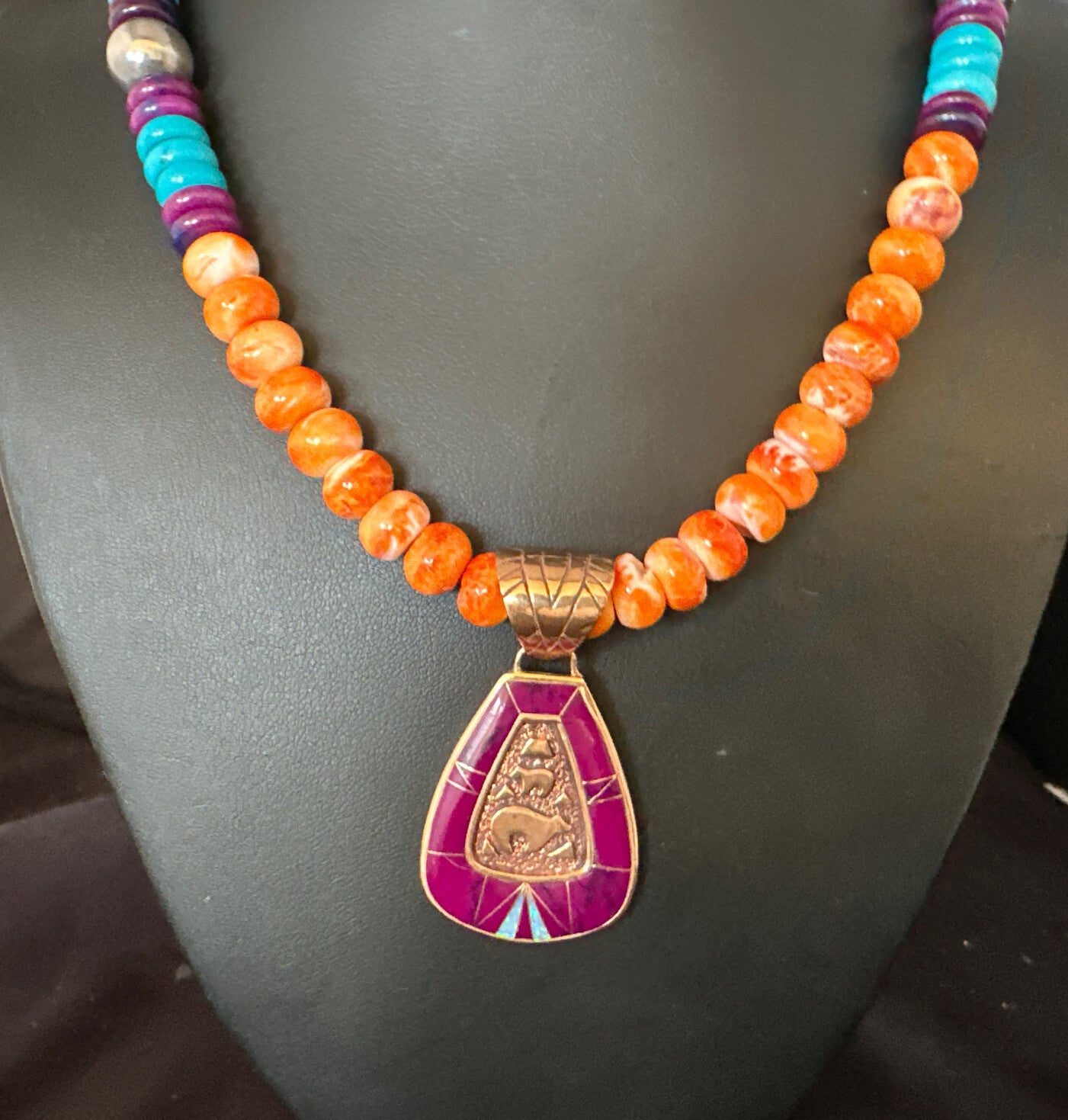 Turquoise Purple Ston Spiny Bronze Pendant Navajo Sterling Silver Necklace 14990