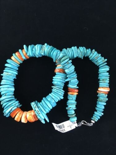 Navajo Sterling Silver Blue Turquoise Spiny Oyster 23" Necklace 16902