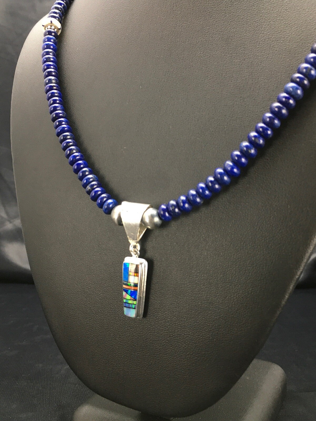 NAVAJO Sterling Silver Necklace Lapis Opal Pendant Set 22" 2907