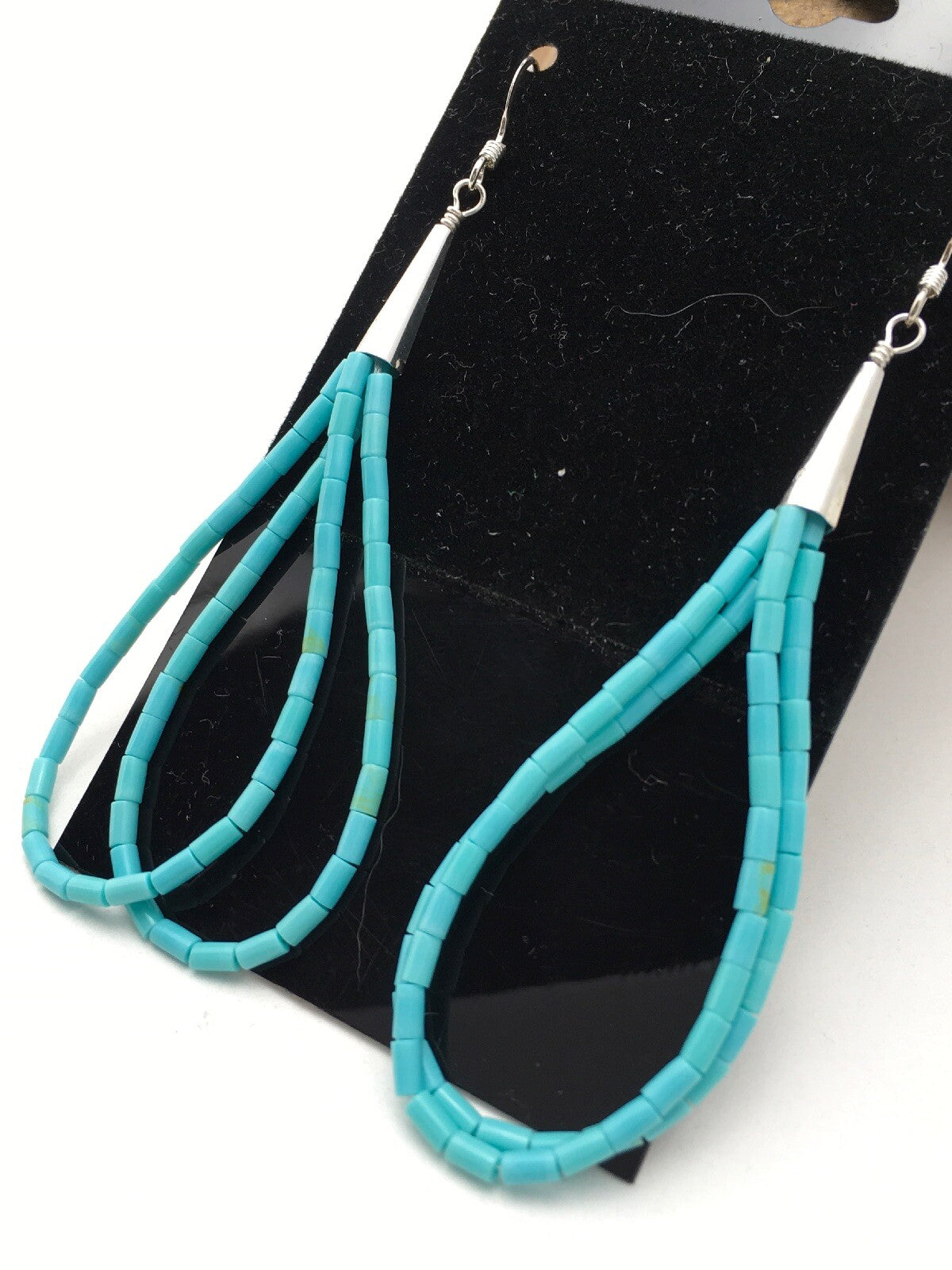 Native Blue Turquoise Liquid Sterling Silver Heishi Dangle 2.5" Earrings 04372