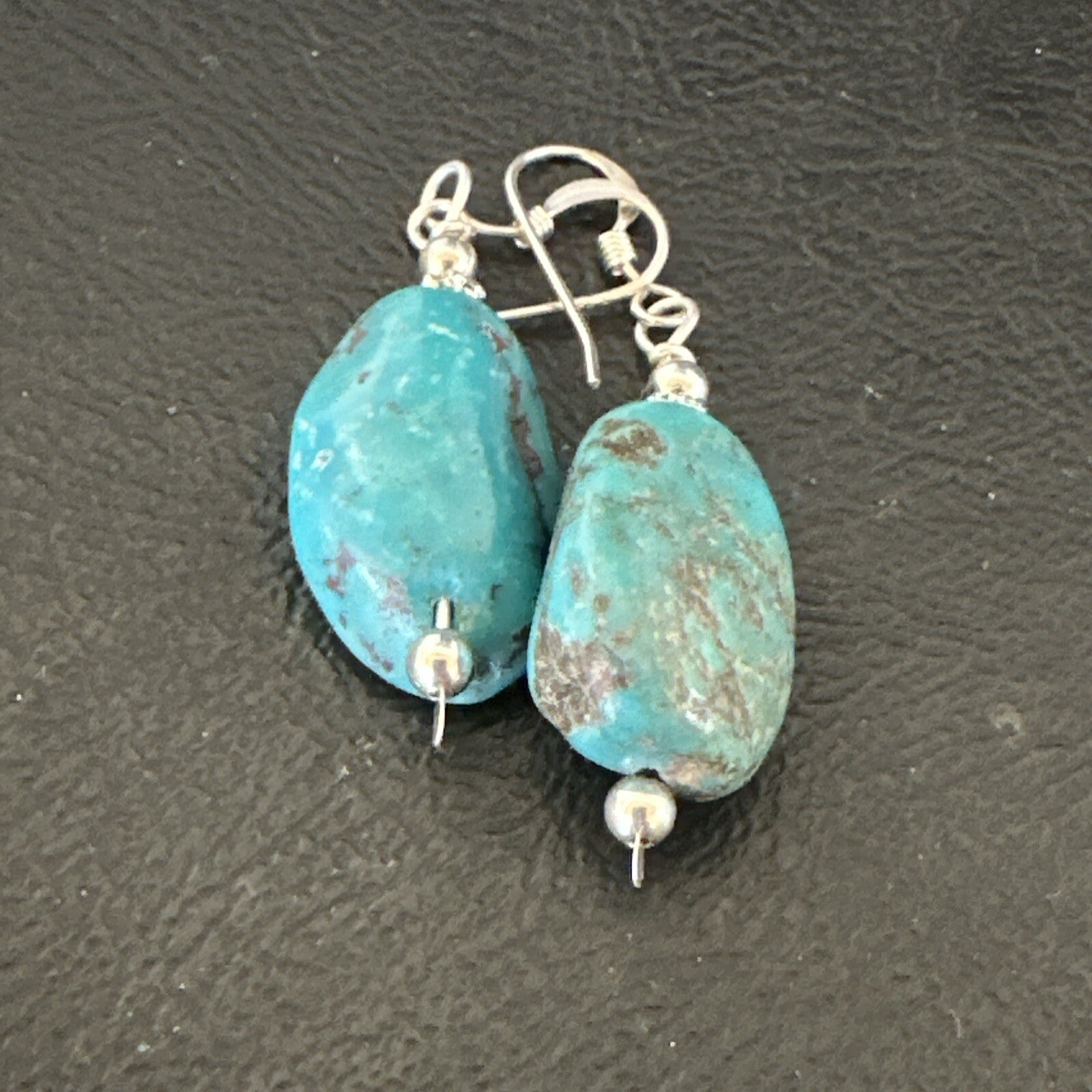 Blue Turquoise Nugget Sterling Silver Beads Earrings 1" 17867