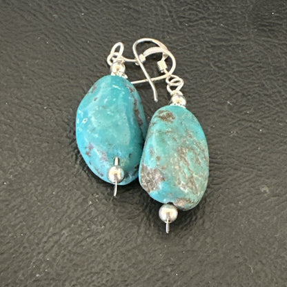 Blue Turquoise Nugget Sterling Silver Beads Earrings 1" 17867