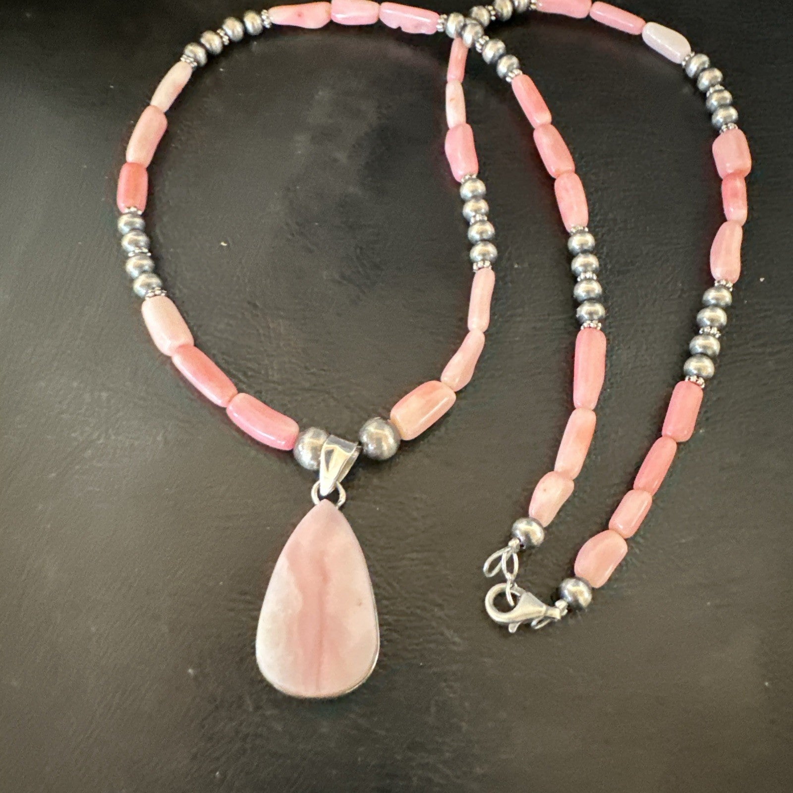 Southwestern Sterling Silver Pink Coral Bead Necklace Quartz Pendant 24" 19590