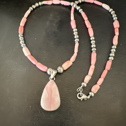 Southwestern Sterling Silver Pink Coral Bead Necklace Quartz Pendant 24" 19590