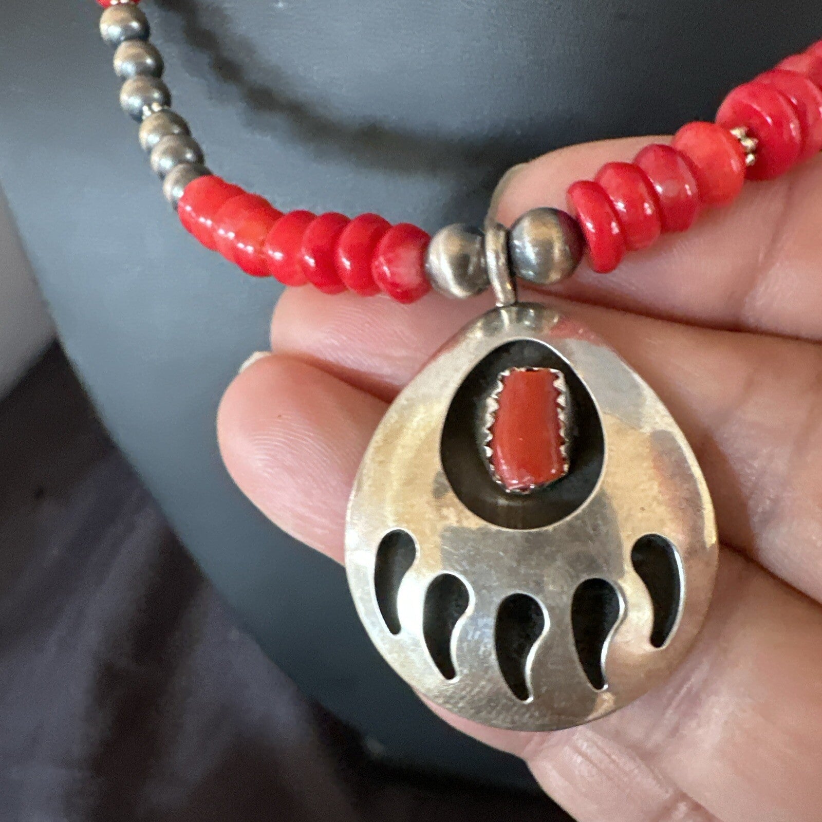 Red Coral BearPaw Inlay Pendant Navajo Pearls Sterling Silver Necklace 21" 18058
