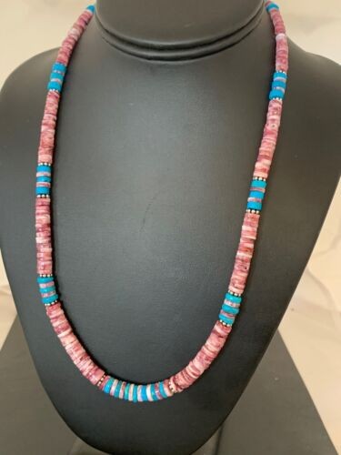 Navajo Turquoise & Spiny Oyster Necklace Sterling Silver 21" 4639