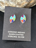 Blue Turquoise Spiny Oyster Navajo Inlay Earrings 0.5" | Sterling Silver | Authentic Native American Handmade | 14767