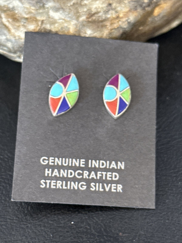 Blue Turquoise Spiny Oyster Navajo Inlay Earrings 0.5" | Sterling Silver | Authentic Native American Handmade | 14767