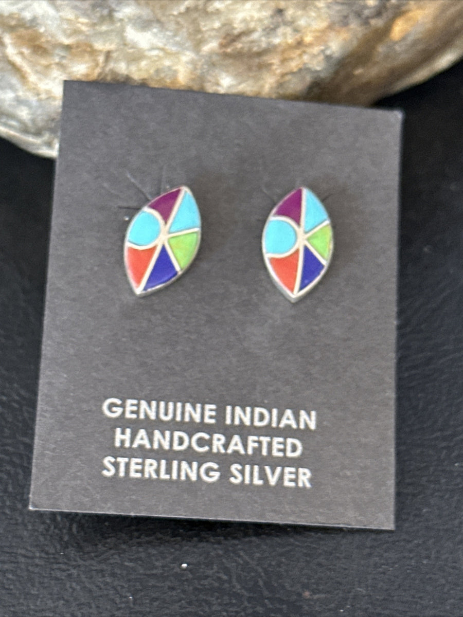 Blue Turquoise & Spiny Oyster Navajo Sterling Silver Inlay Earrings 0.5" 14767