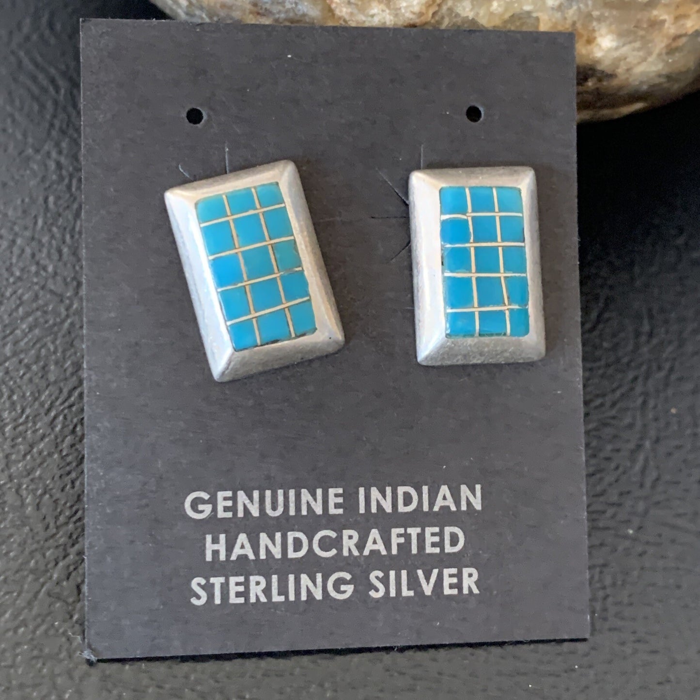 Blue Turquoise Inlay Navajo Sterling Silver Dangle Post Earrings 0.5" 12749
