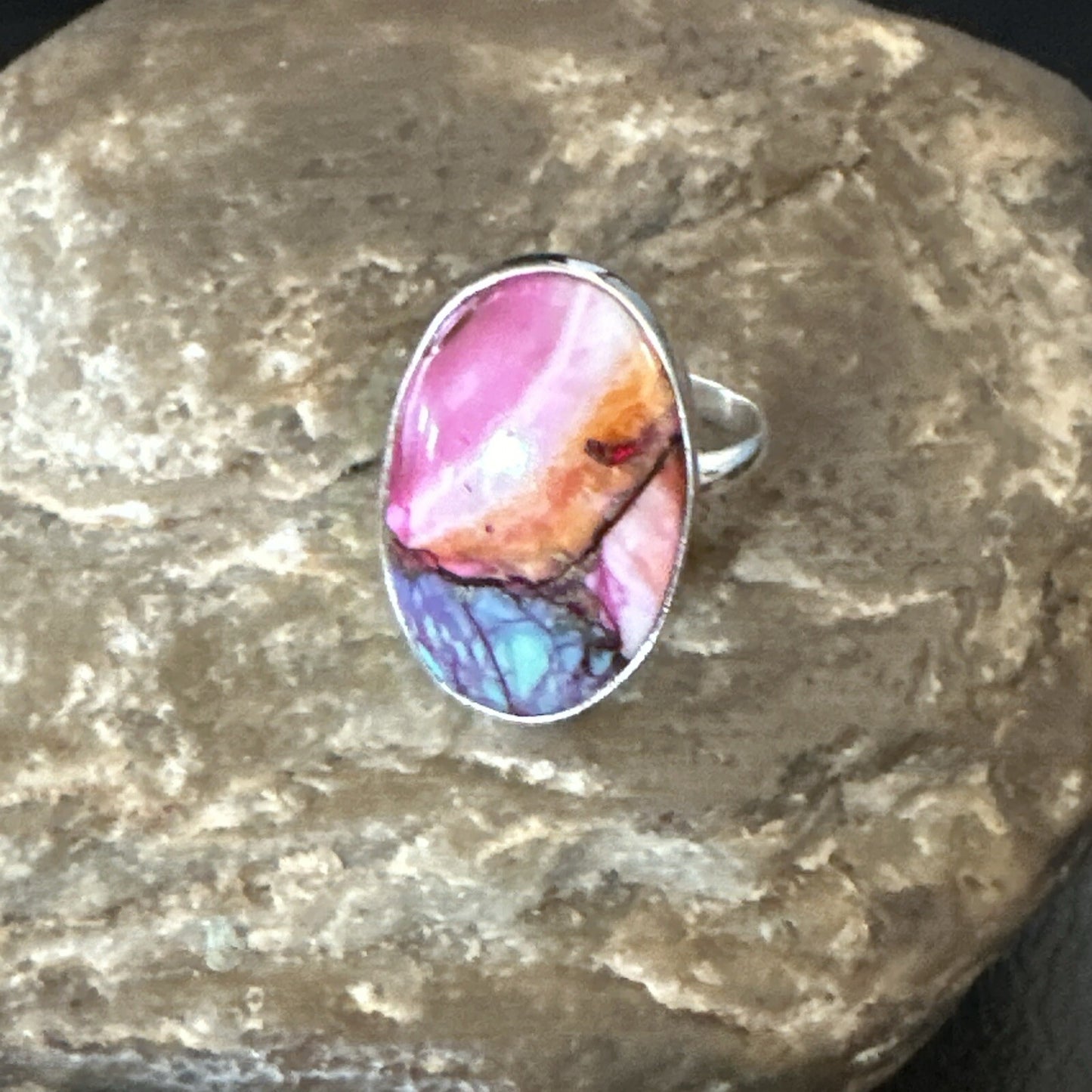 Blue Turquoise Spiny Oyster Southwestern Sterling Silver Ring Size 8 18438