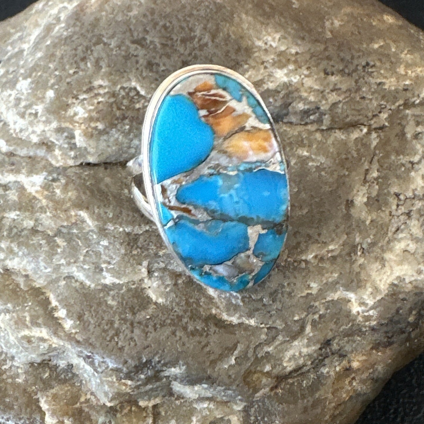 Blue Turquoise Spiny Oyster Southwestern Sterling Silver Ring Size 7 18443