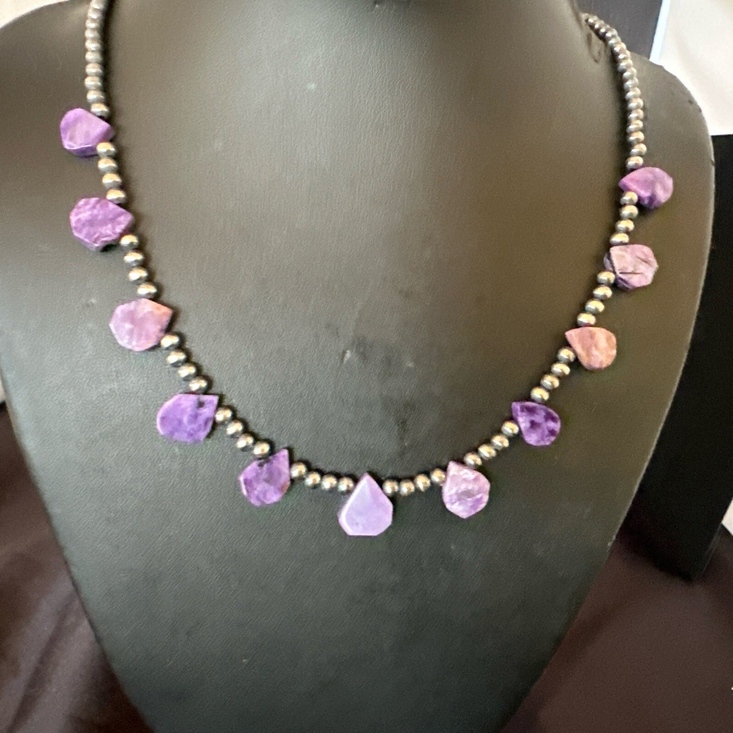 Purple Charoite Teardrop Navajo Pearls Sterling Silver Necklace 20" 17933
